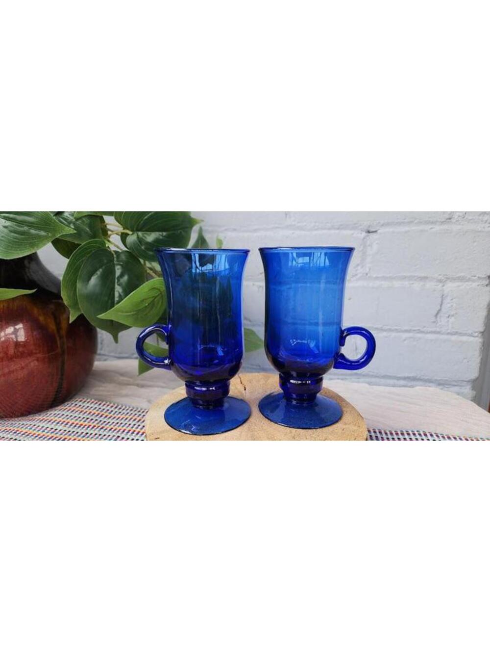Vintage Cobalt Blue Glass Mugs Set of 2 | Footed Irish Coffee Cups